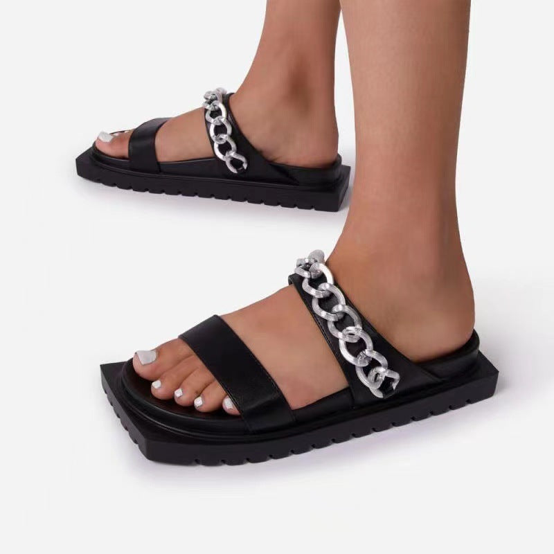 Casual Platform Solid Chain Square Toe Beach Slippers - Fashionaviv-Slippers-[product_label]