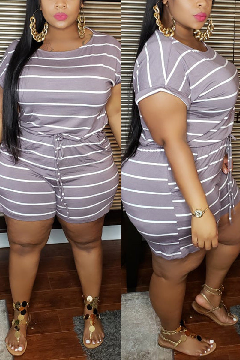 Plus Size Casual Striped Short Sleeve Romper