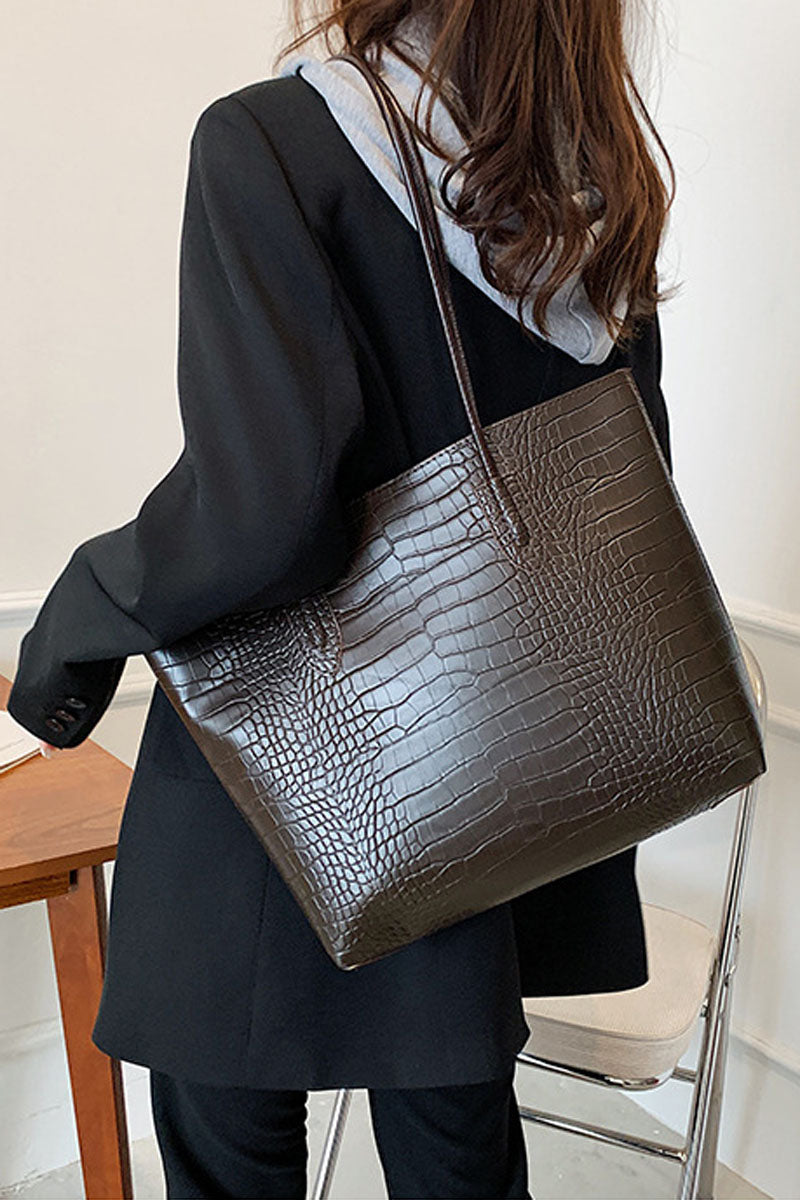 PU Leather Solid Crocodile Pattern Purse Handbag Underarm Bag