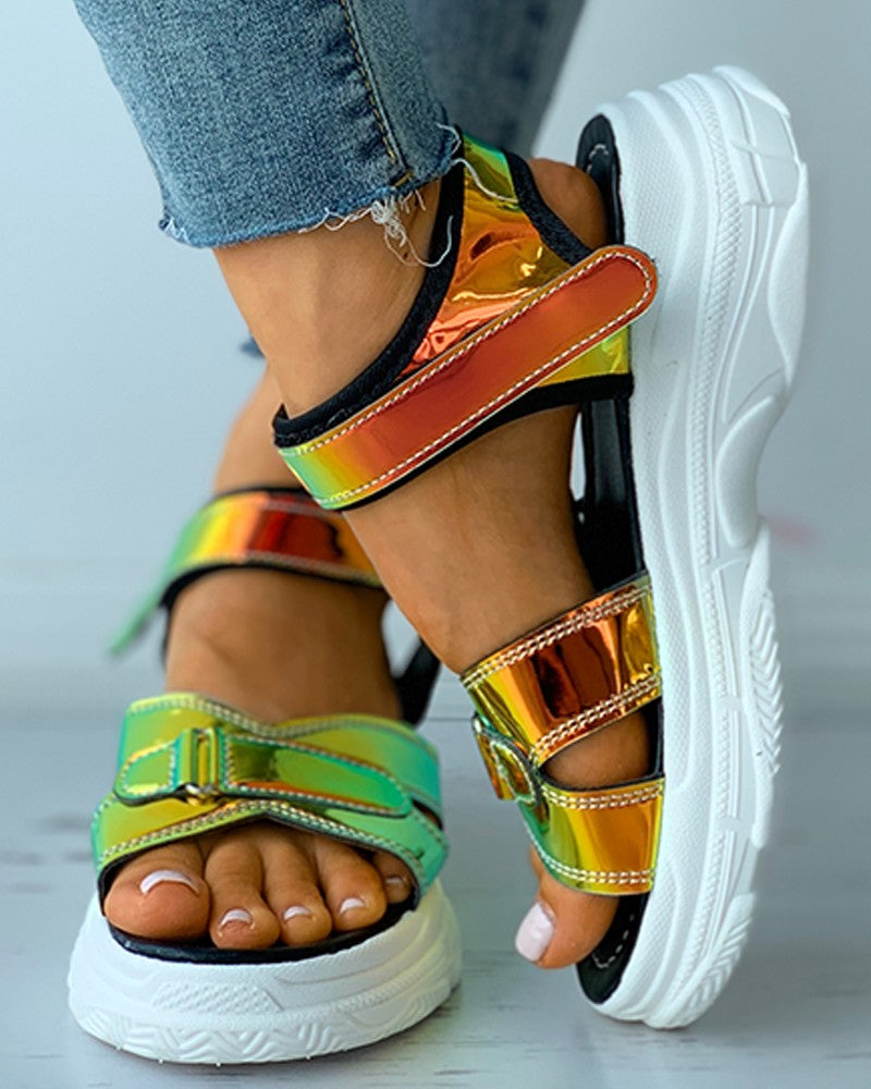 Colorblock Cutout Velcro Flatform Sandals