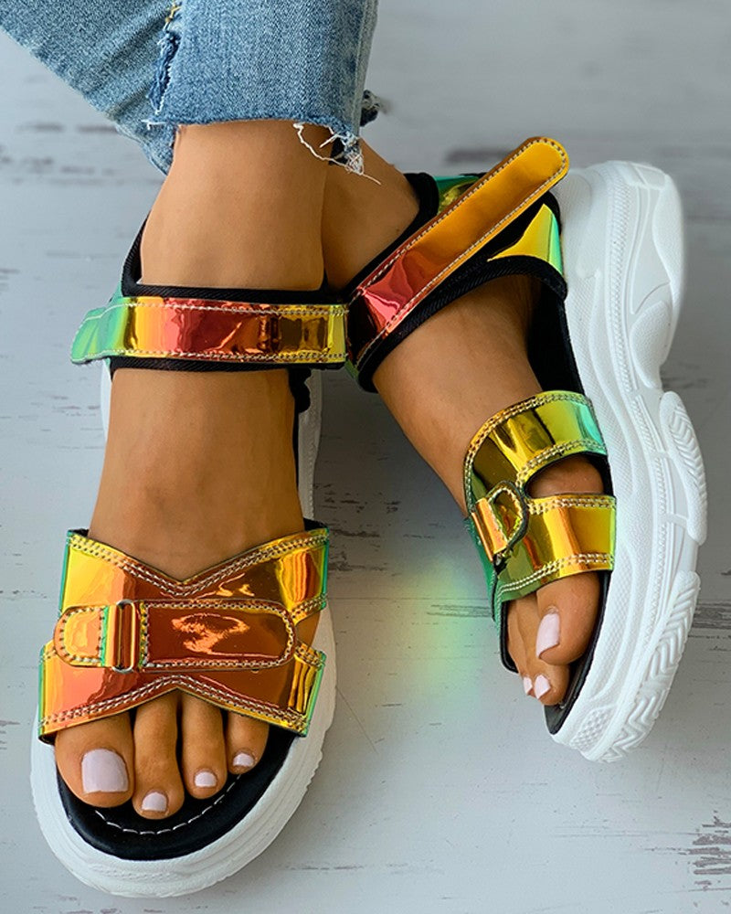 Colorblock Cutout Velcro Flatform Sandals