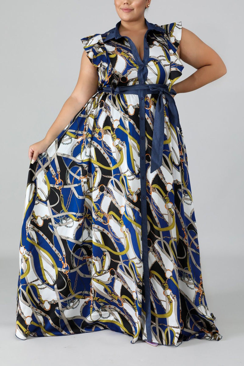 Plus Size Casual Chain Print Ruffle Sleeve Sash Belt Maxi Dresses