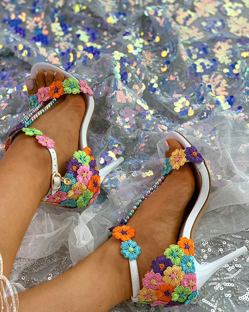 Lace Floral Pattern Colorful Beaded Thin Heels
