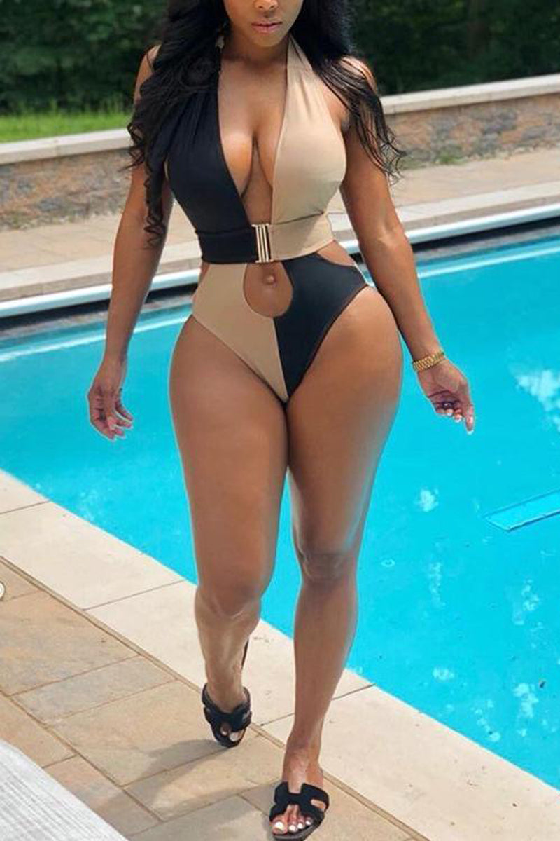 Plus Size Backless Stitching One-piece Swimsuit