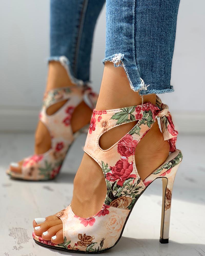 Floral Print Peep Toe Cut Out Thin Heeled Sandals