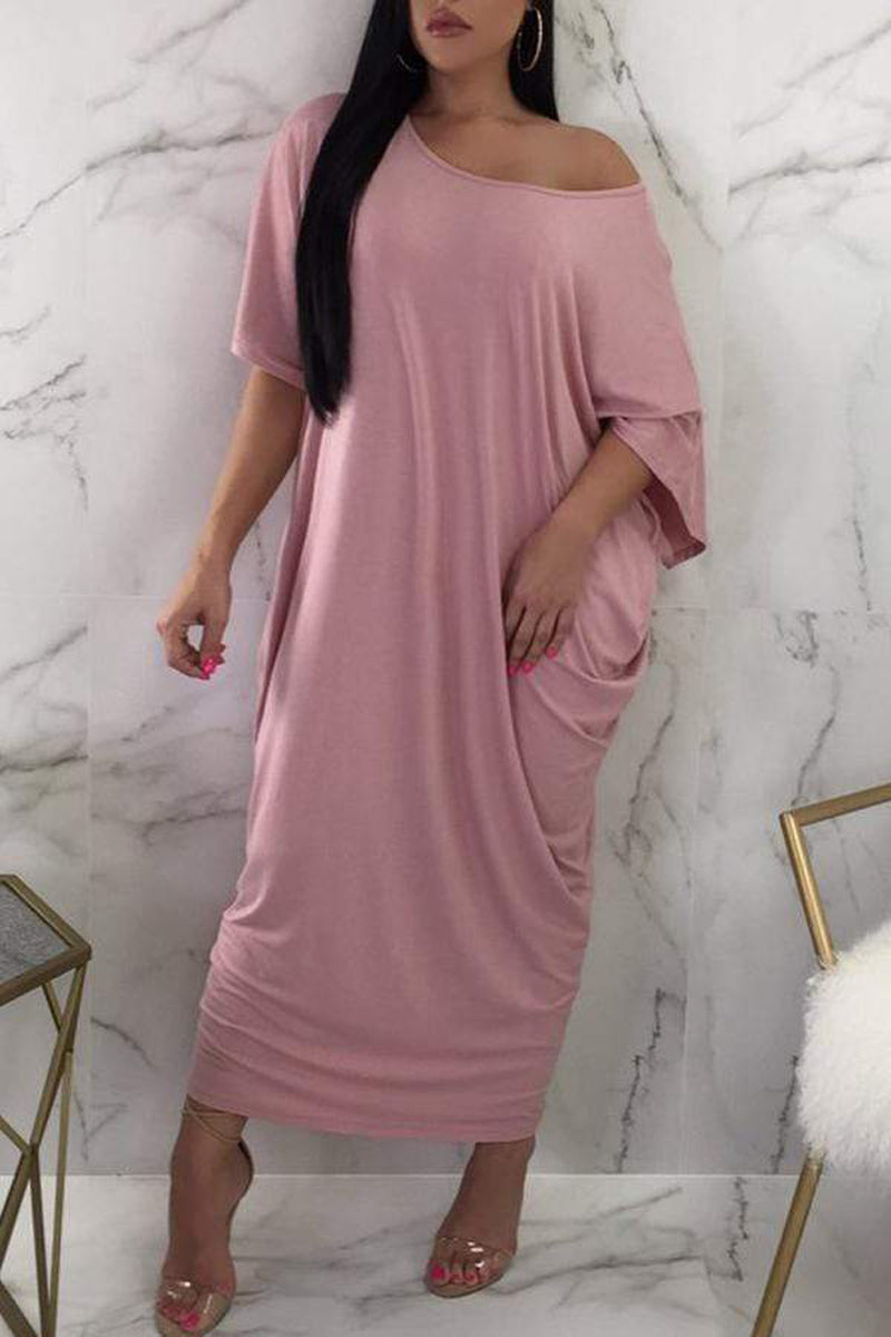[Pre-Sale] Plus Size Casual Oblique Collar Half Sleeve Solid Maxi Dress - Fashionaviv-Maxi Dresses-[product_label]