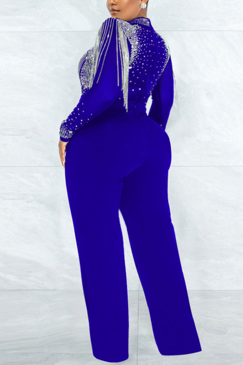 Plus Size Sexy Casual  Long Sleeve See Through Sequin Jumpsuits