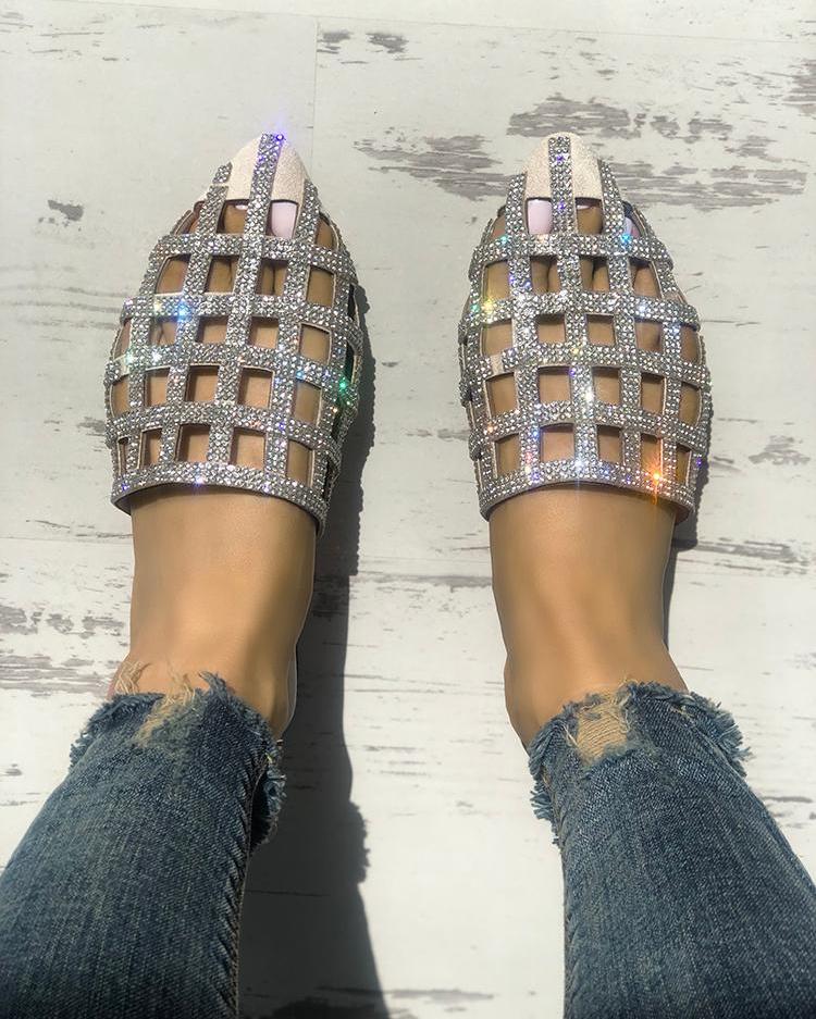 Glittering Hollow Out Pointed Toe Flat Sandals
