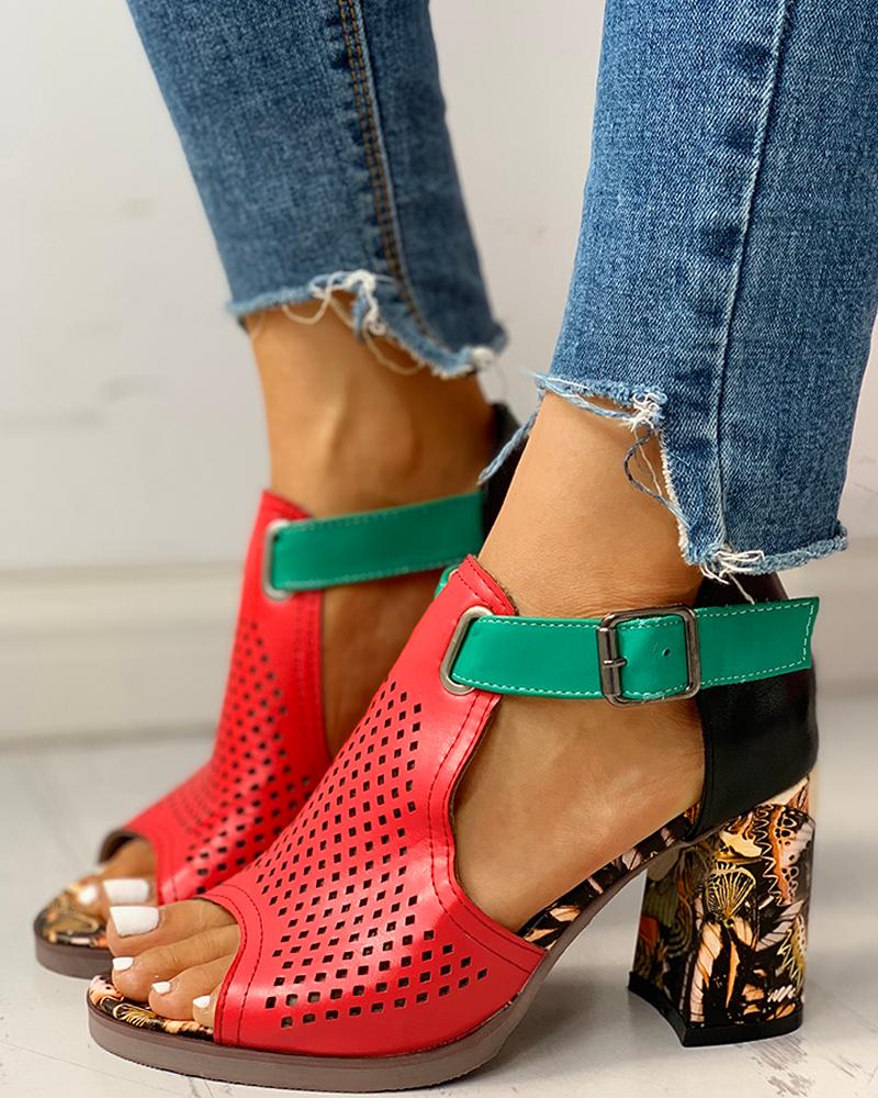 Colorblock Eyelet Hollow Out Chunky Heeled Sandals
