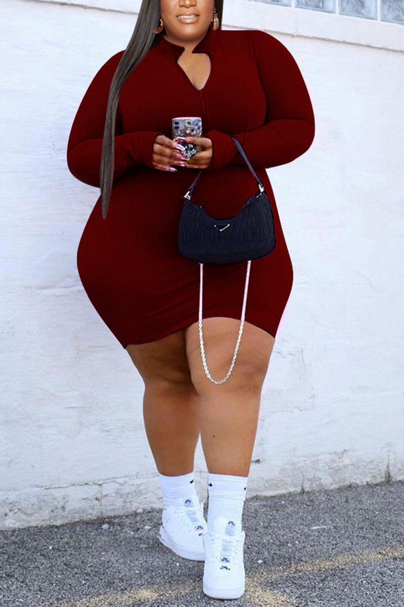 Plus Size Casual Solid Long Sleeve Front Zipper Bodycon Mini Dresses