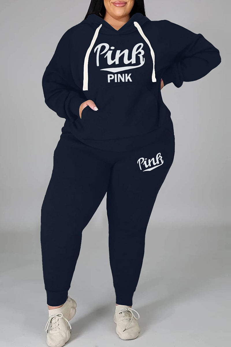 Plus Size Casual Letter Print Basic Hooded Collar Tracksuits