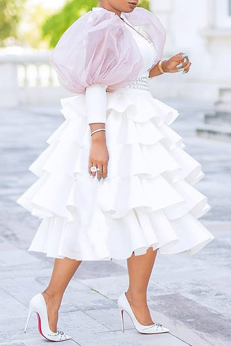 [Pre-Sale] Plus Size Elegant Mesh Puff Sleeve Stitching Pearl A Line Ruffle Midi Dresses
