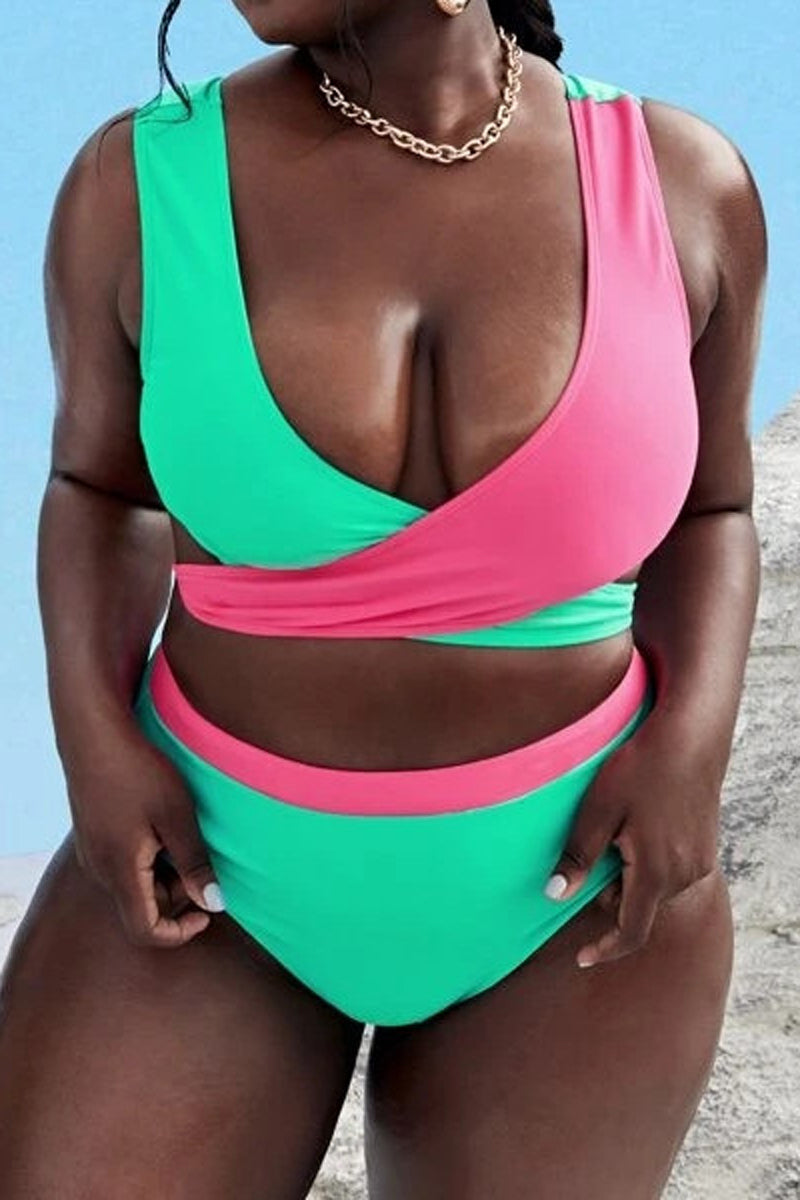 Plus Size Color Block Twist Lace Up Bikini Swimsuit - Fashionaviv