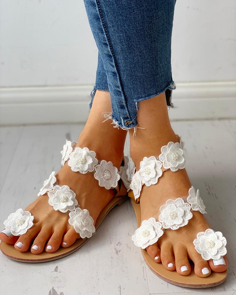 Flower Embellished Open Toe Flat Sandals