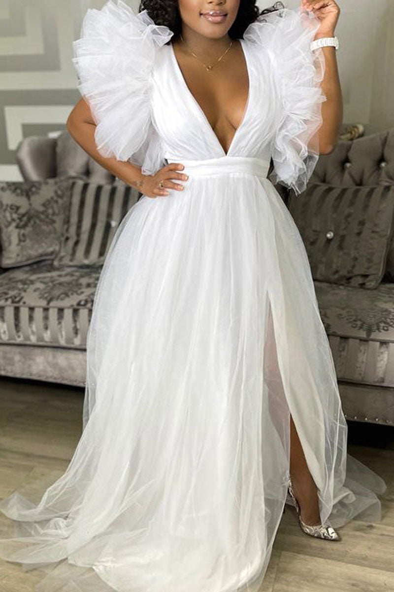[Pre-Sale] Plus Size Sheer Tulle See-through Puff Sleeve Maternity Maxi Dress