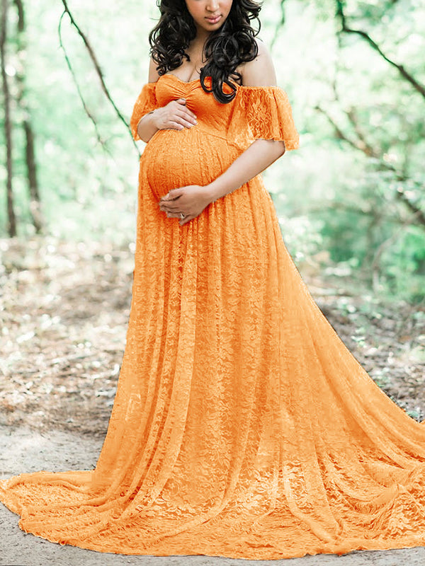 [Pre-Sale] Plus Size Solid Off The Shoulder Lace Stitching Maternity Maxi Dress - Fashionaviv-Maxi Dresses-[product_label]