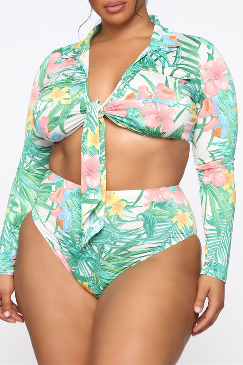 Plus Size Tropical Print Long Sleeves Swimsuit 2 Piece Sets