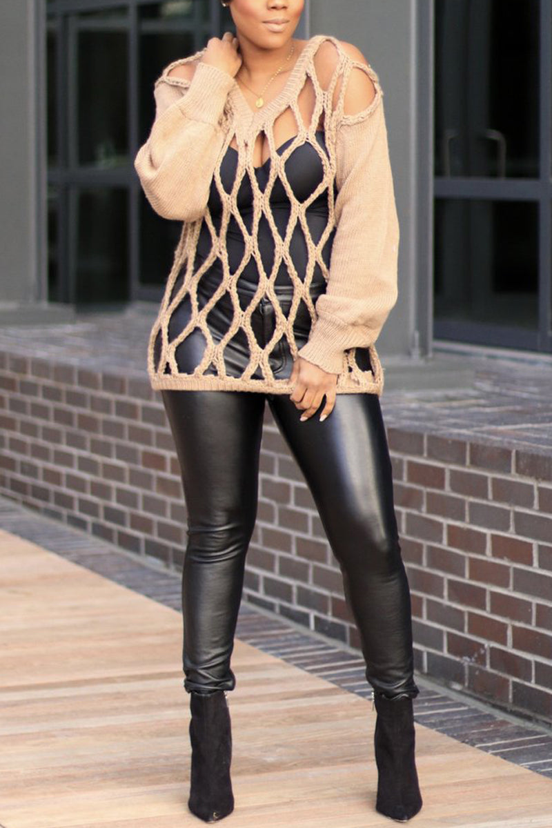 Plus Size Casual V Neck Hollowed Out Long Sleeve Sweater