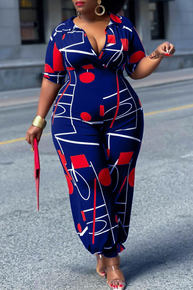 Plus Size Casual Printed Turndown Collar Short Sleeve Jumpsuit - Fashionaviv-Jumpsuits + Rompers-[product_label]