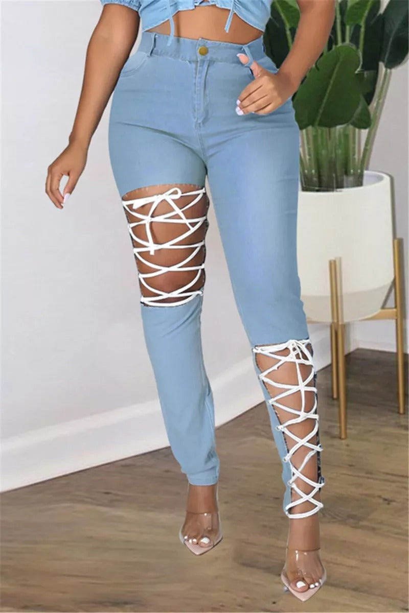 Plus Size Sexy Casual Solid Denim Ripped Bandage Cut-out Legging Jeans