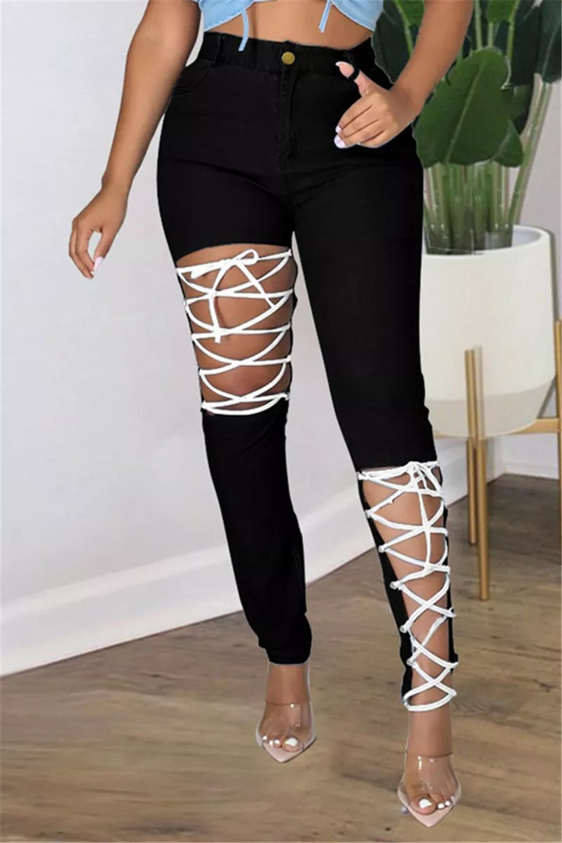 Plus Size Sexy Casual Solid Ripped Bandage Cut-out Legging Jeans - Fashionaviv
