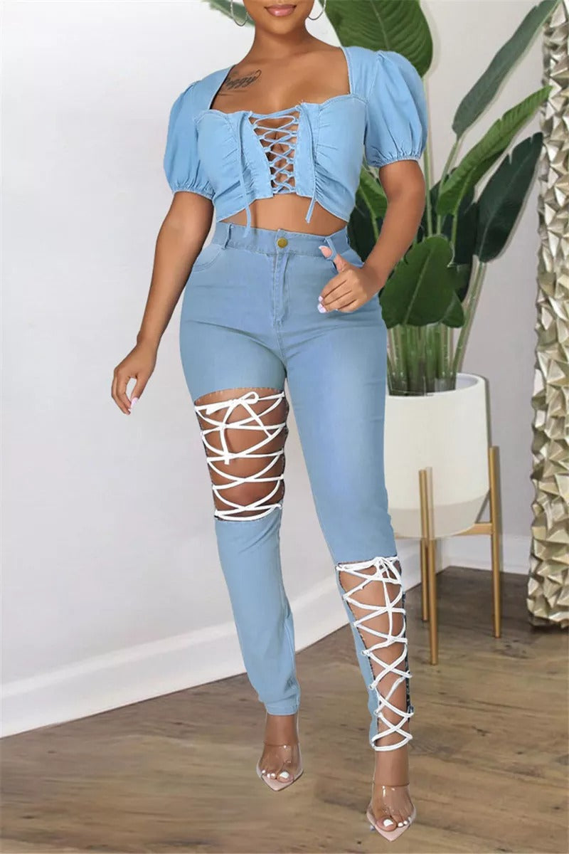 Plus Size Sexy Casual Solid Denim Ripped Bandage Cut-out Legging Jeans
