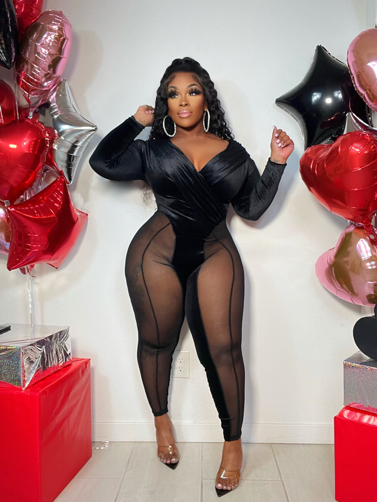 Plus Size See Through Net Velvet Sexy Jumpsuits(No Gloves)