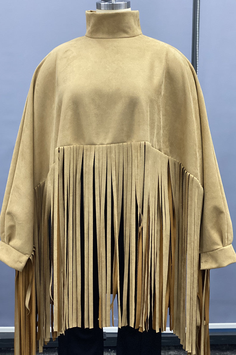 Plus Size Fashion Street Casual Suede Leather Fringe Brown Solid Shawl Coat