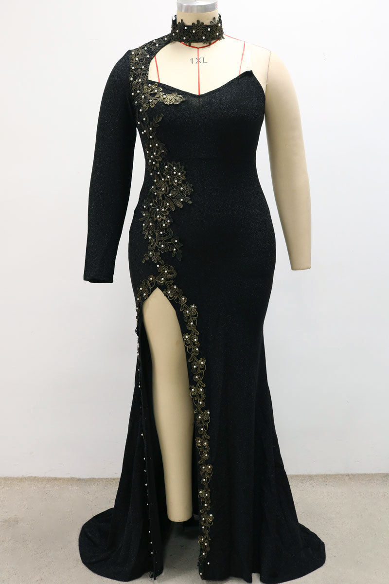 Plus Size One Shoulder Sequin Side High Split Joint Trailing Maxi Dress - Fashionaviv-Maxi Dresses-[product_label]