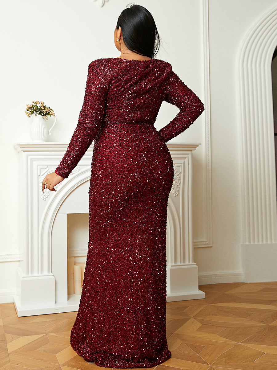 Plus Size Sweetheart Long Sleeve Burgundy Sequin Prom Dress PJM041L