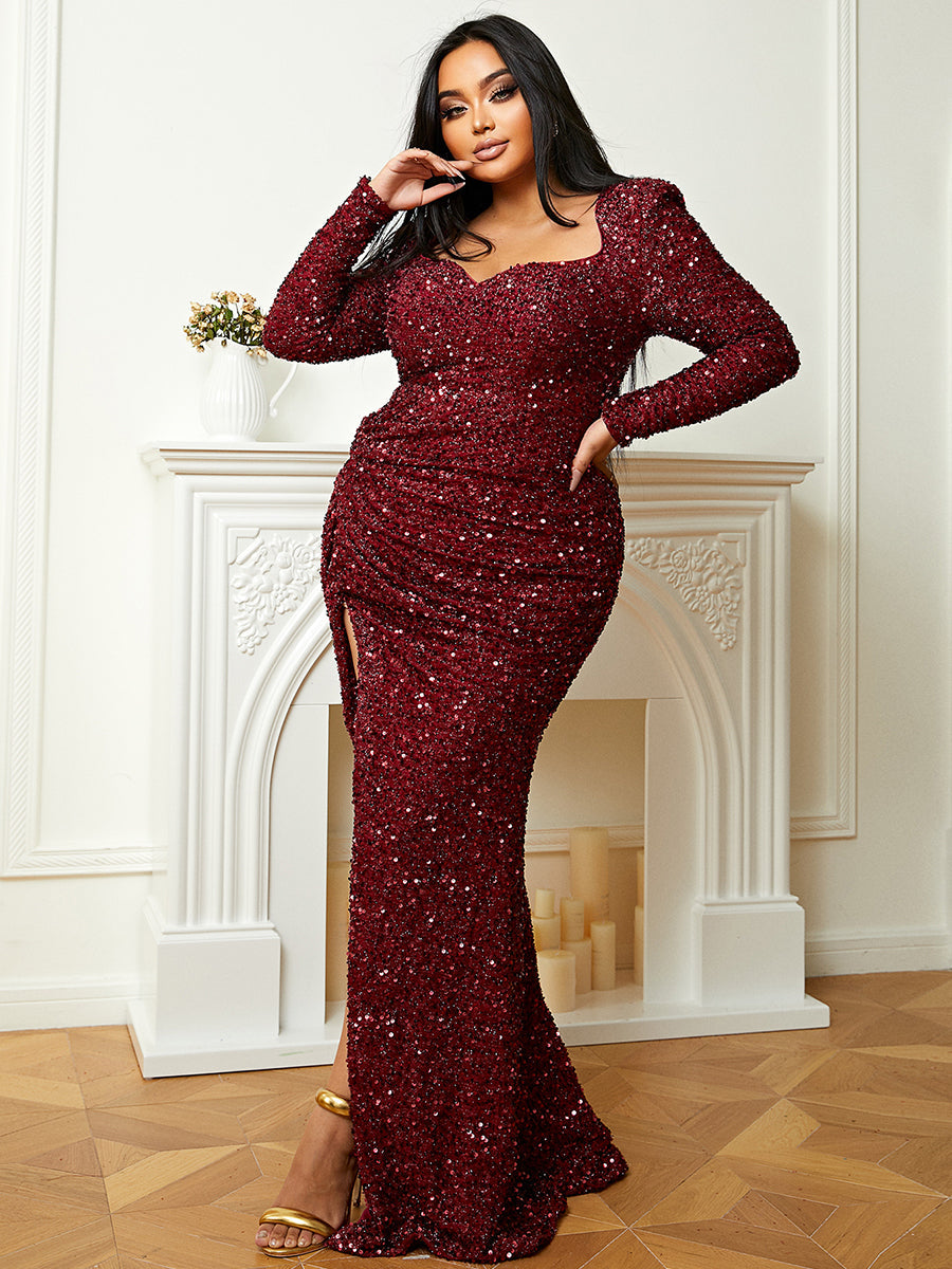 Plus Size Sweetheart Long Sleeve Burgundy Sequin Prom Dress PJM041L