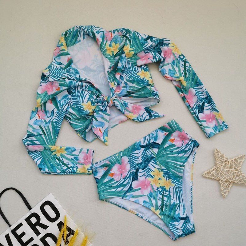 Plus Size Tropical Print Long Sleeves Swimsuit 2 Piece Sets